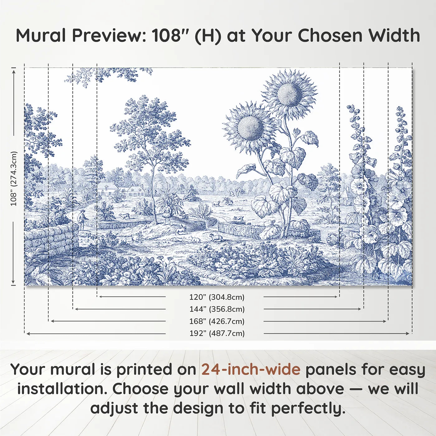 Panel layout and dimensions for Sunflower Garden Edge Wallpaper Mural by Whimsy Tots