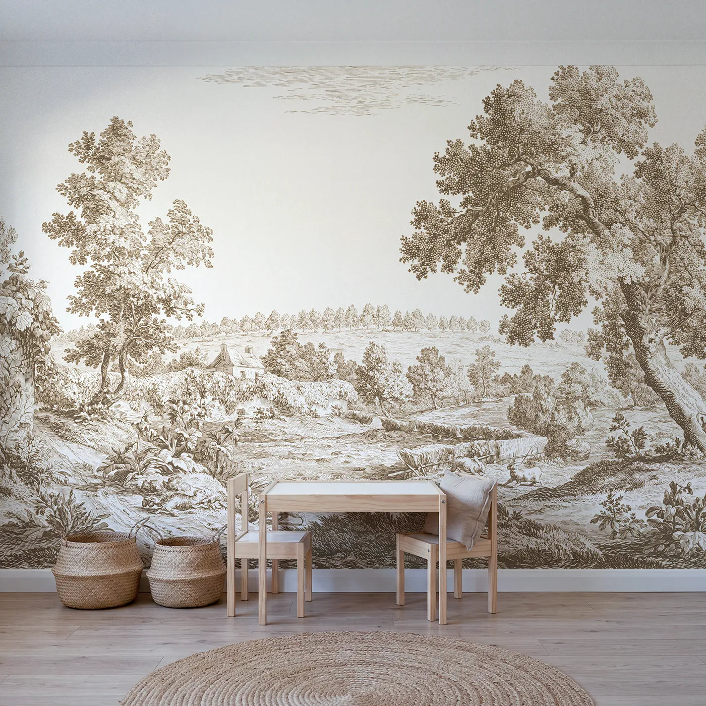 Toile wall mural of ivy spilling over old stone in brown ink by Whimsy Tots