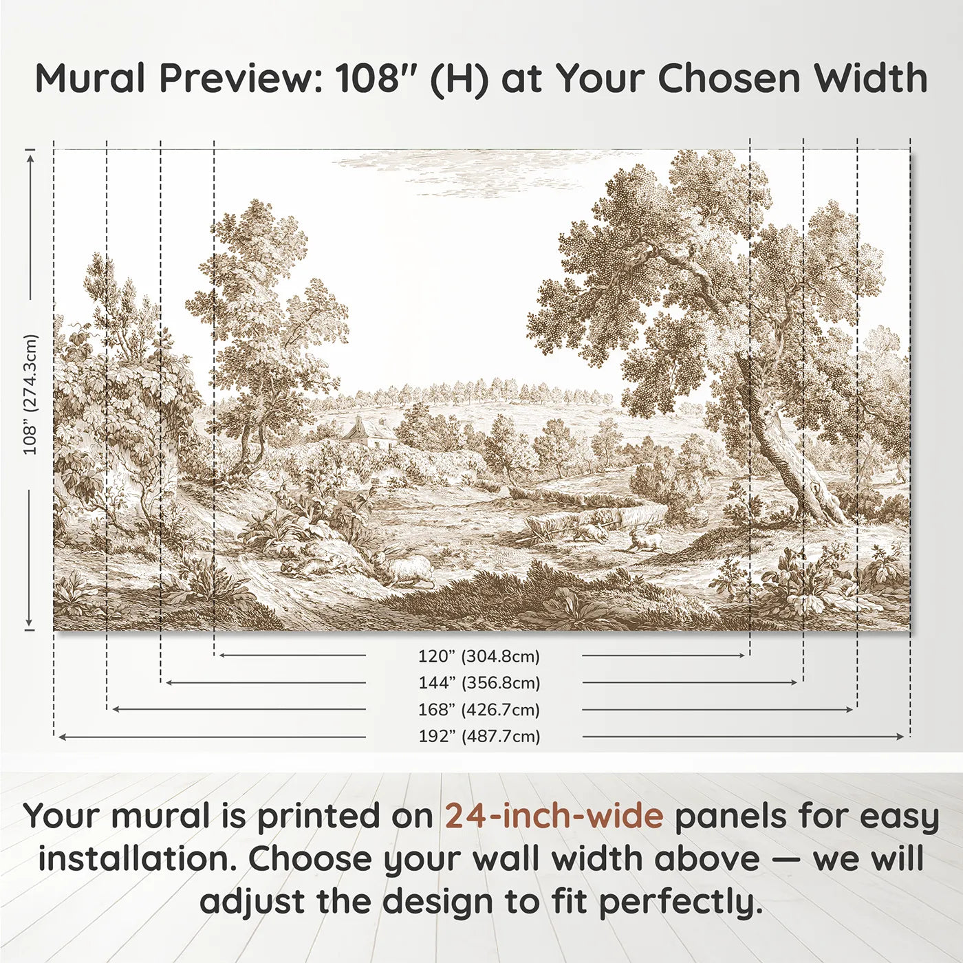 Panel layout and dimensions for Trailing Ivy Wall Wallpaper Mural in Brown by Whimsy Tots