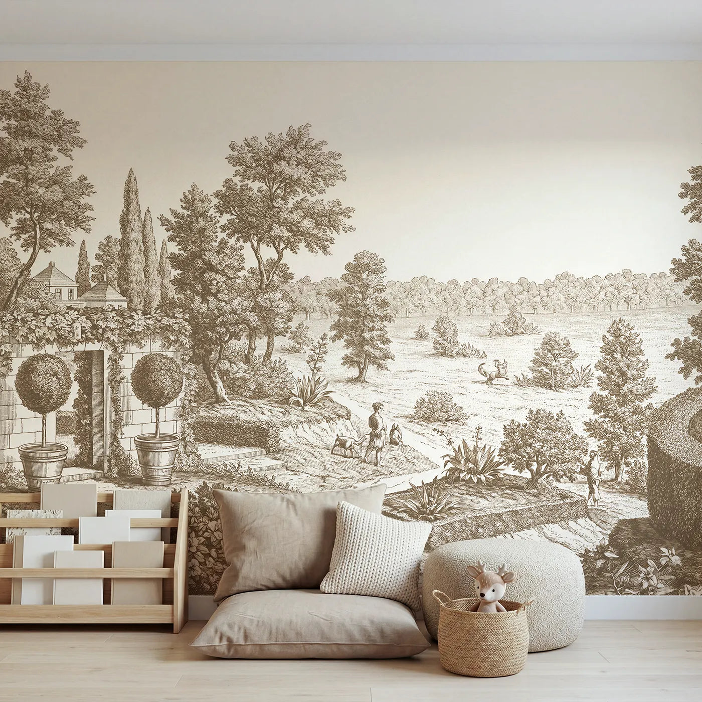 Toile wall mural of potted topiary pair in brown ink by Whimsy Tots