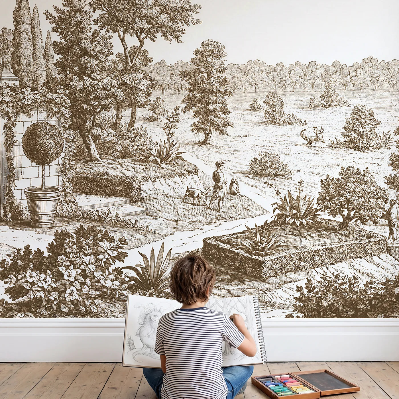 Child in nursery with Potted Topiary Pair Wallpaper Mural in Brown by Whimsy Tots
