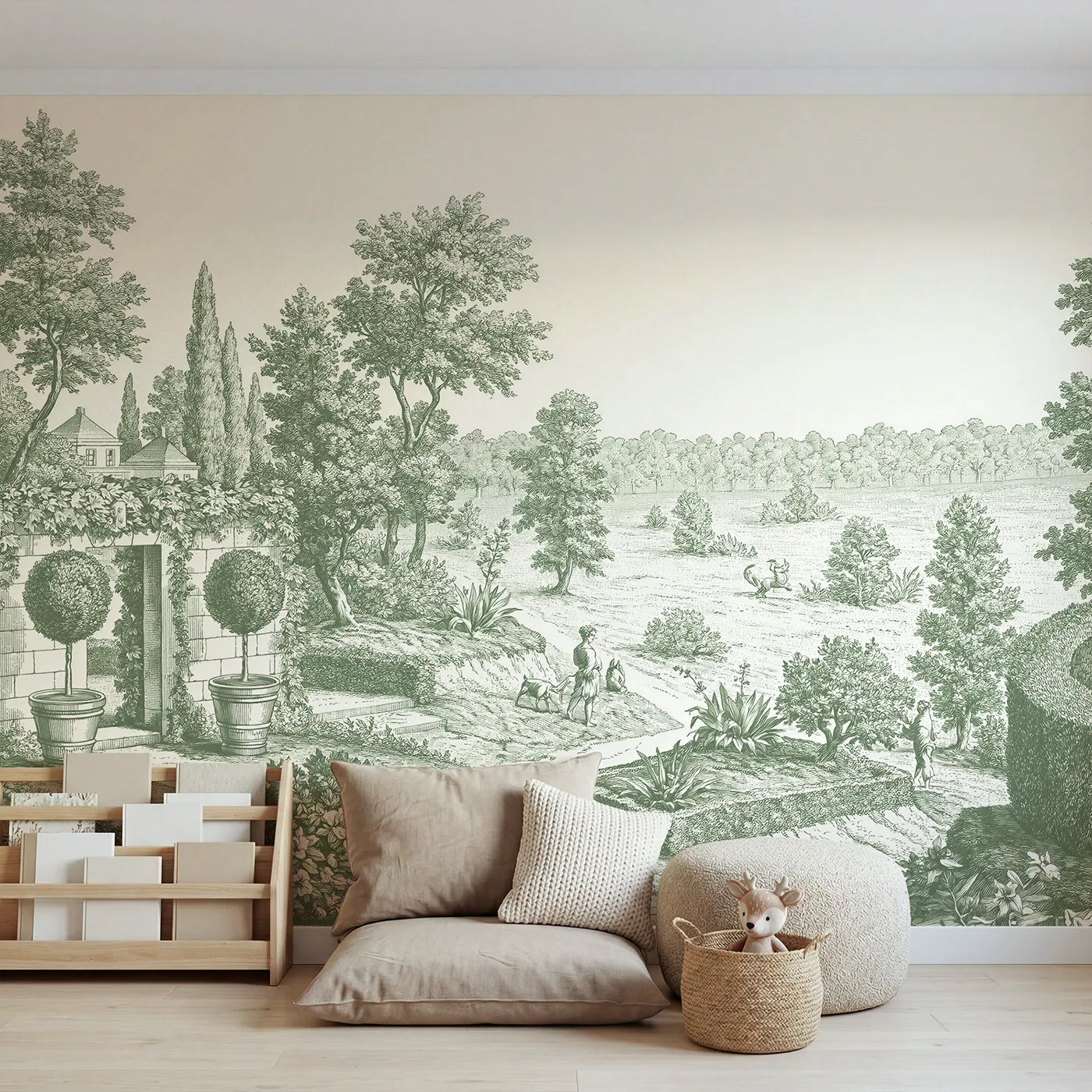 Toile wall mural of potted topiary pair in green ink by Whimsy Tots