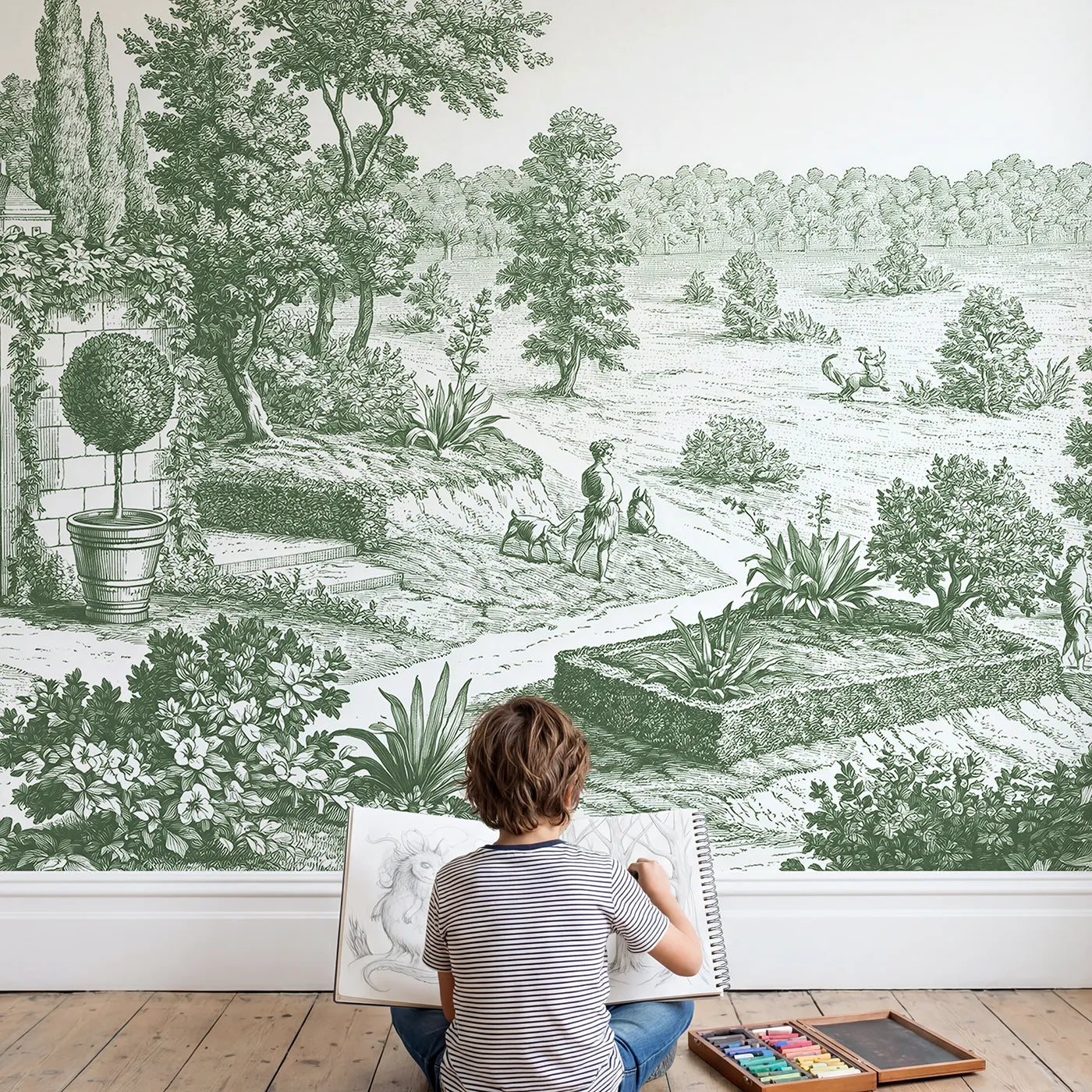 Child in nursery with Potted Topiary Pair Wallpaper Mural in Green by Whimsy Tots