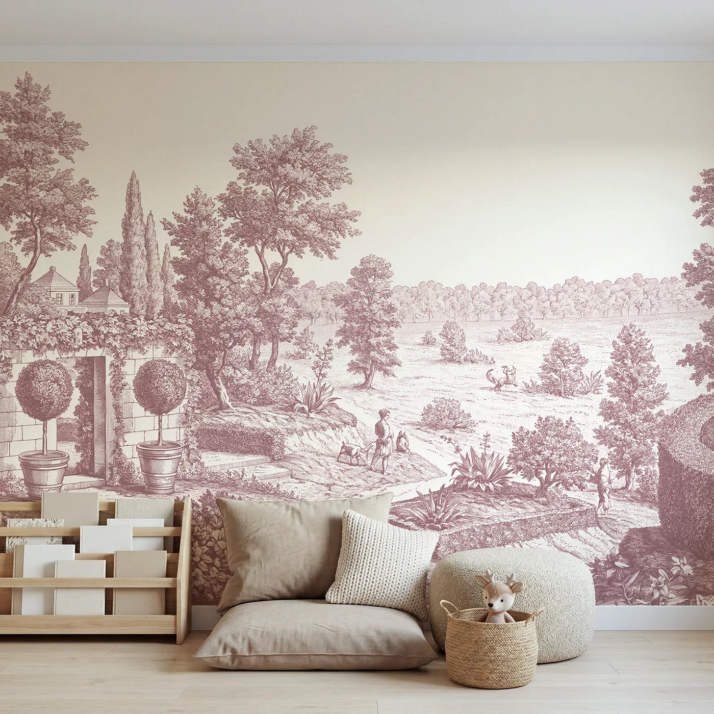 Toile wall mural of potted topiary pair in pink ink by Whimsy Tots