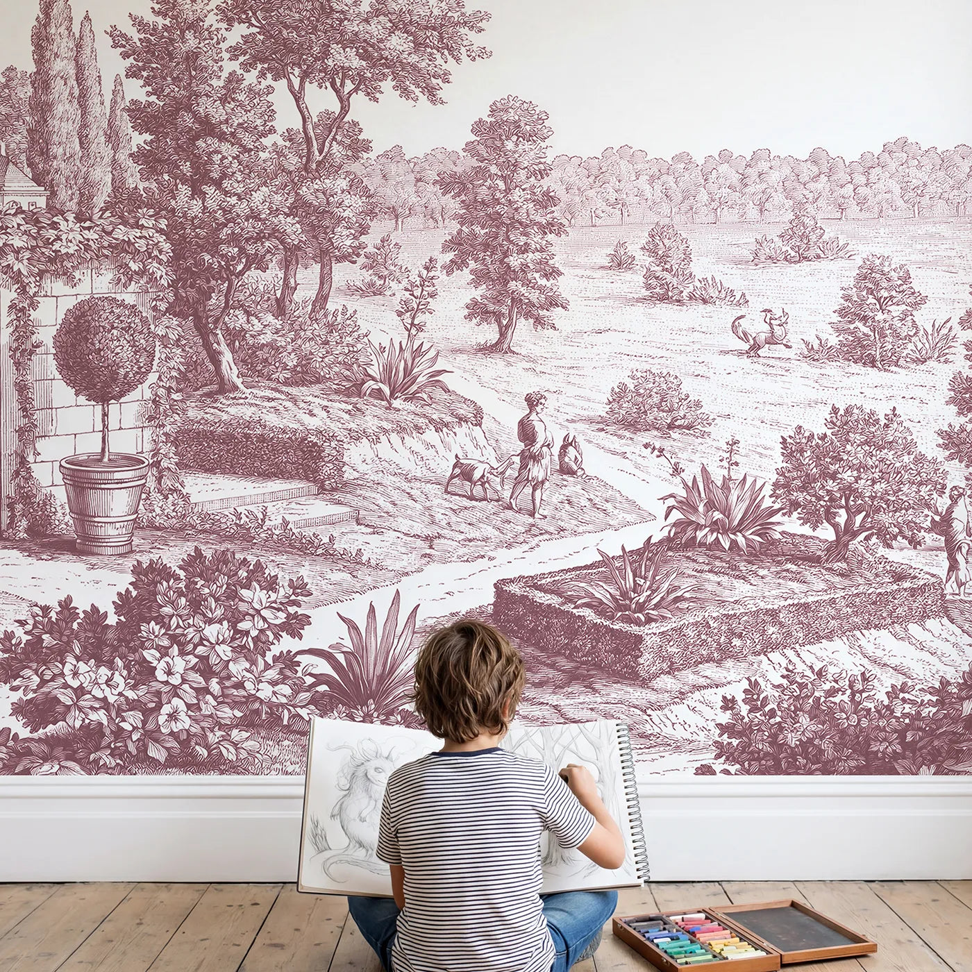 Child in nursery with Potted Topiary Pair Wallpaper Mural in Pink by Whimsy Tots