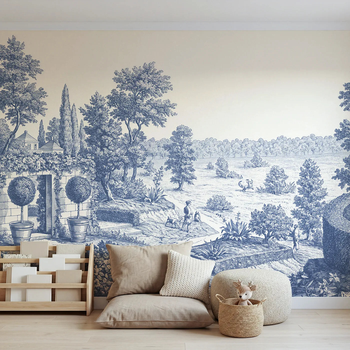 Toile wall mural of potted topiary pair in single ink by Whimsy Tots