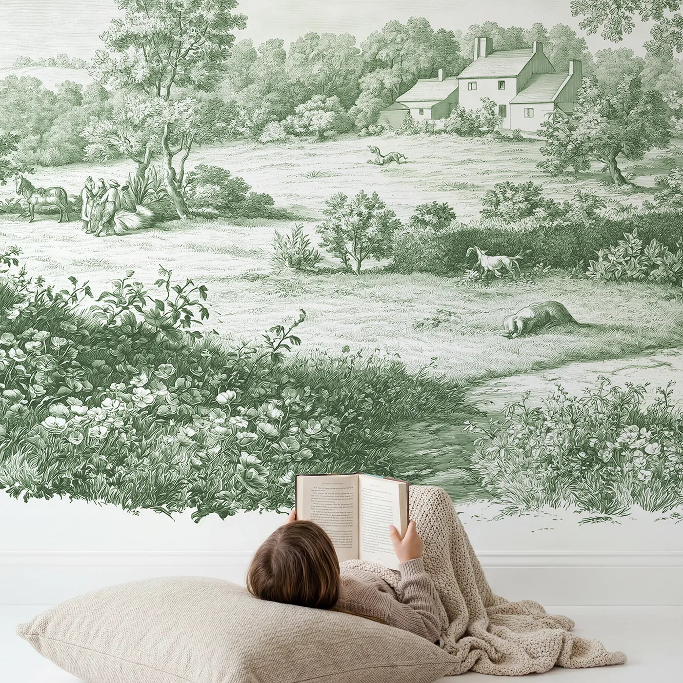 Child in nursery with Meadow Flower Spray Wallpaper Mural in Green by Whimsy Tots