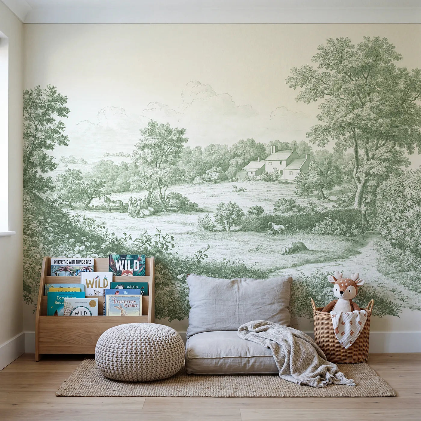 Meadow Flower Spray Wallpaper Mural in Green in playroom setting by Whimsy Tots