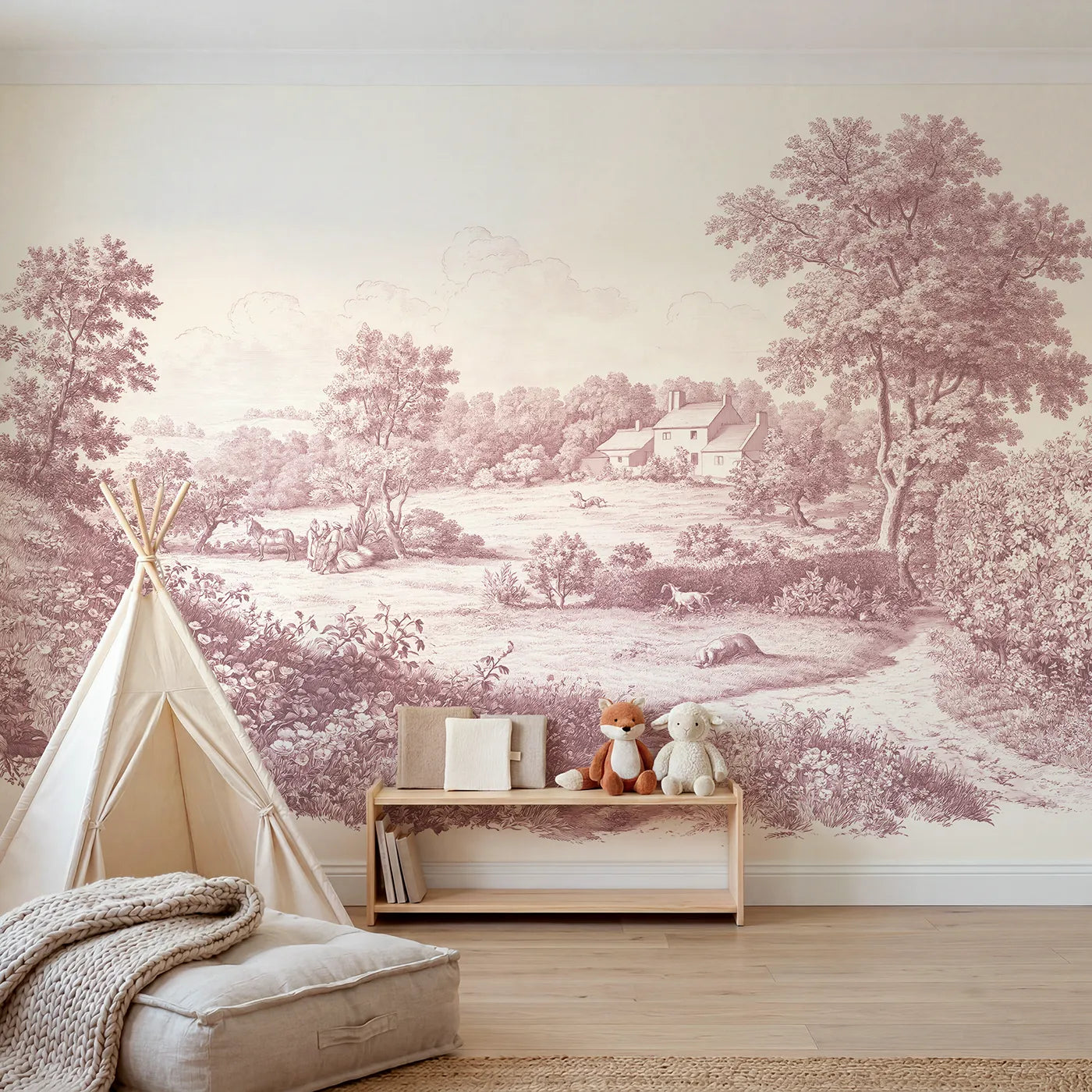 Toile wall mural of a loose meadow flower spray in pink ink by Whimsy Tots