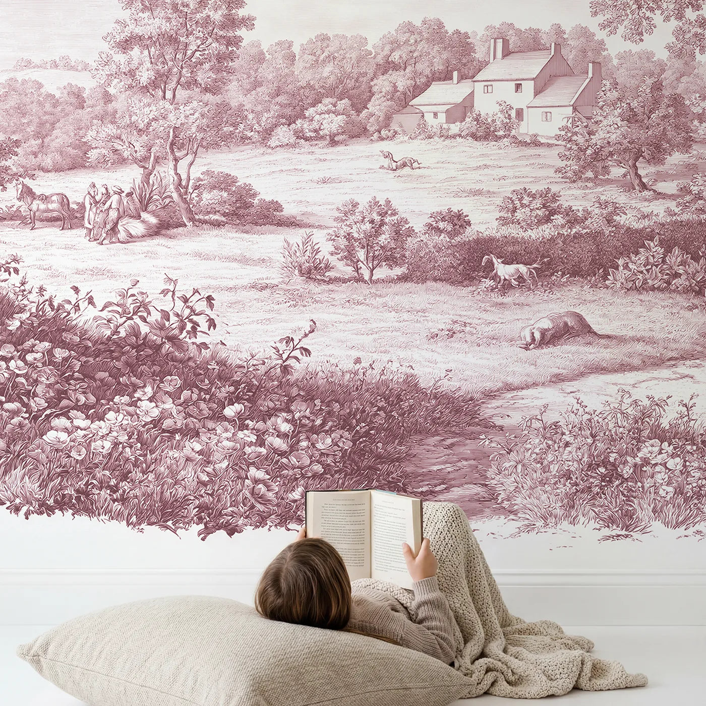 Child in nursery with Meadow Flower Spray Wallpaper Mural in Pink by Whimsy Tots