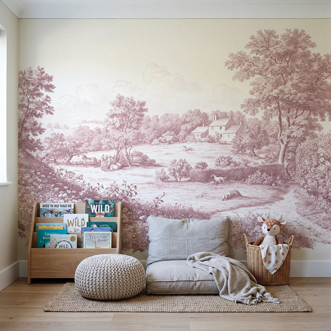 Meadow Flower Spray Wallpaper Mural in Pink in playroom setting by Whimsy Tots