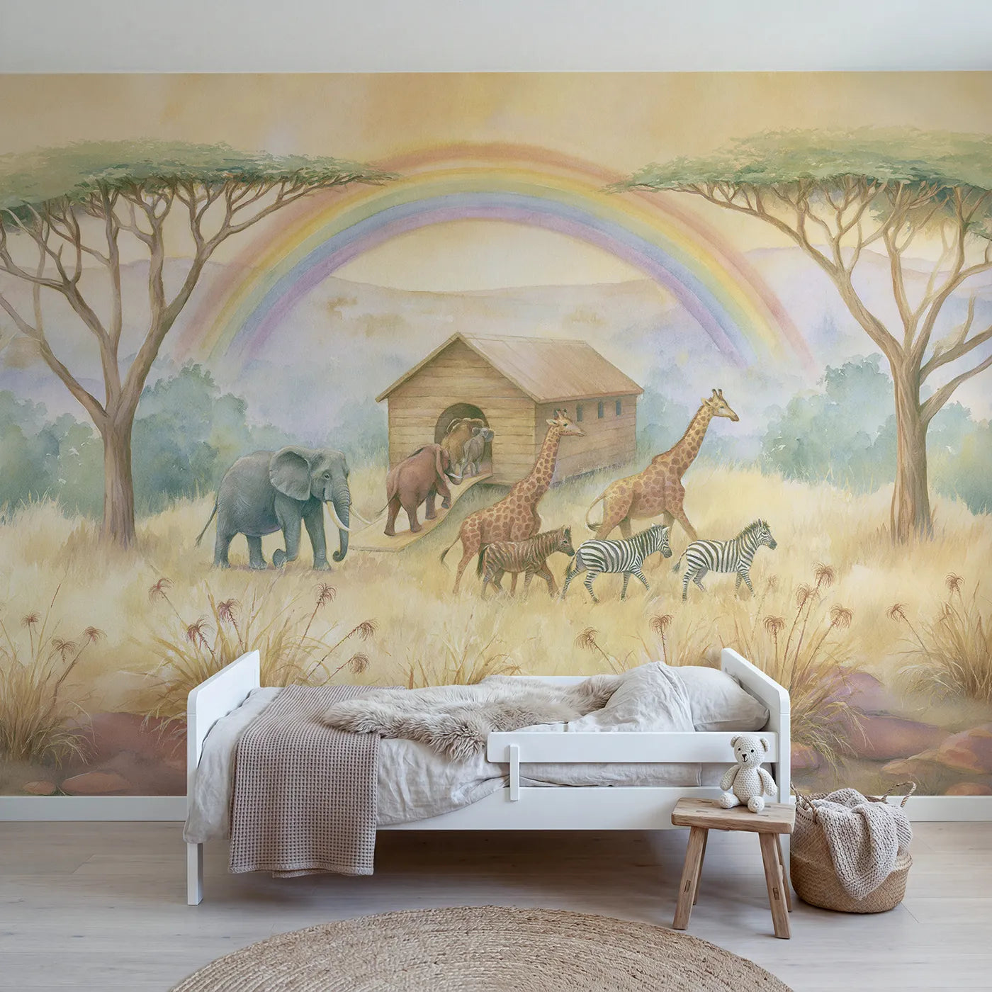 Storybook wall mural of animals boarding the ark on warm cream by Whimsy Tots
