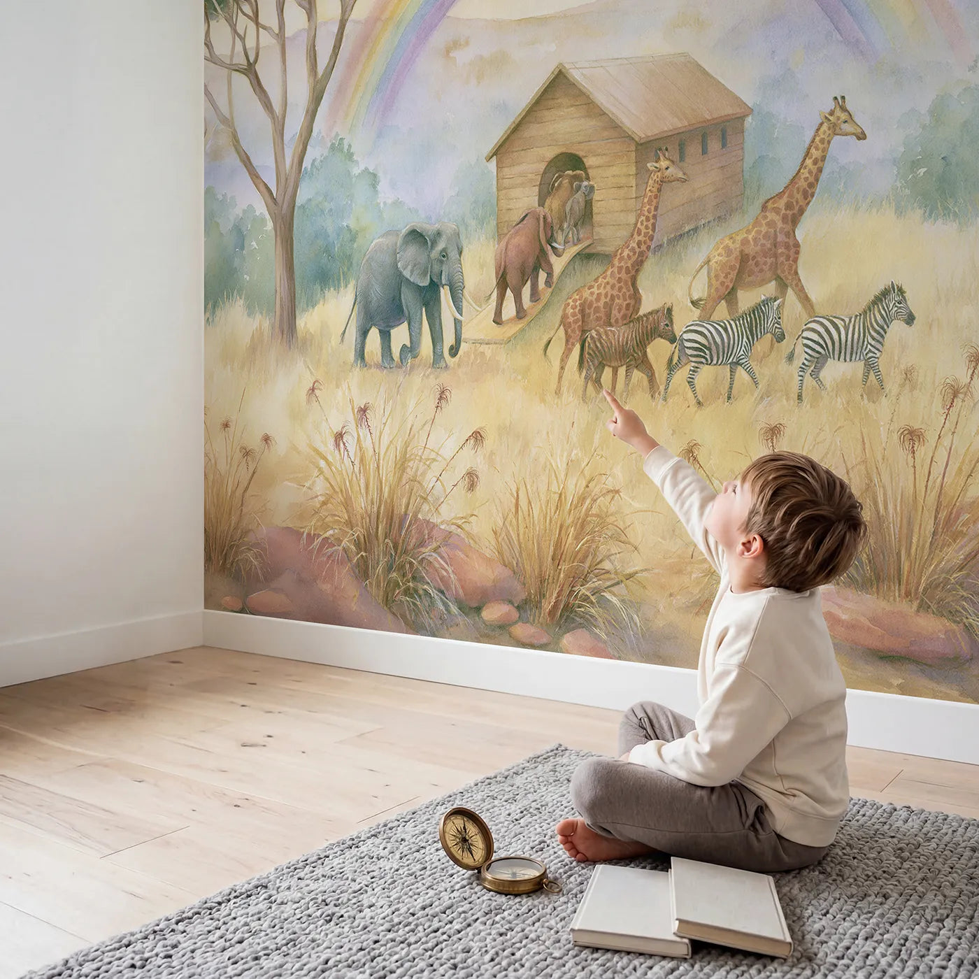 Child in nursery with Noahs Ark Animals Wallpaper Mural by Whimsy Tots