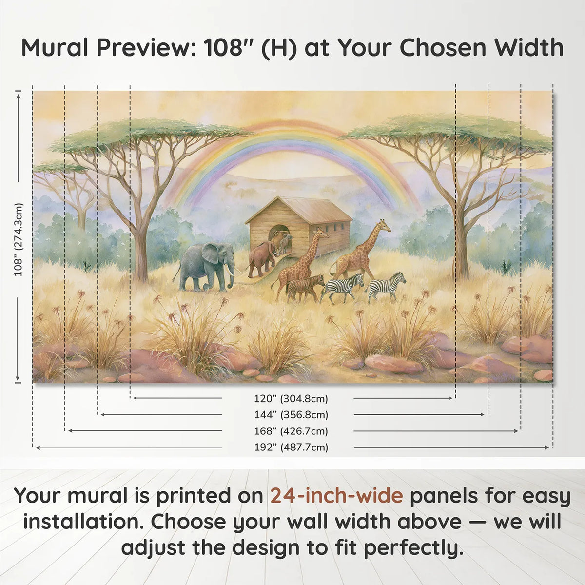 Panel layout and dimensions for Noahs Ark Animals Wallpaper Mural by Whimsy Tots