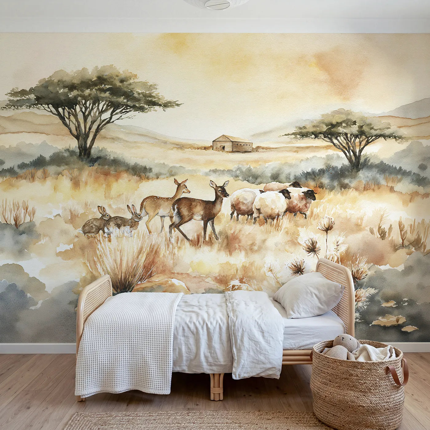 Watercolor wall mural of animal pairs walking to the ark by Whimsy Tots