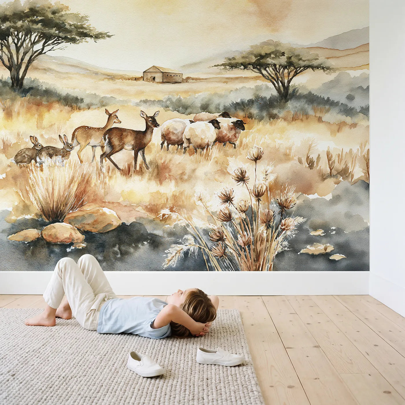 Child in nursery with Ark Animal Pairs Wallpaper Mural by Whimsy Tots
