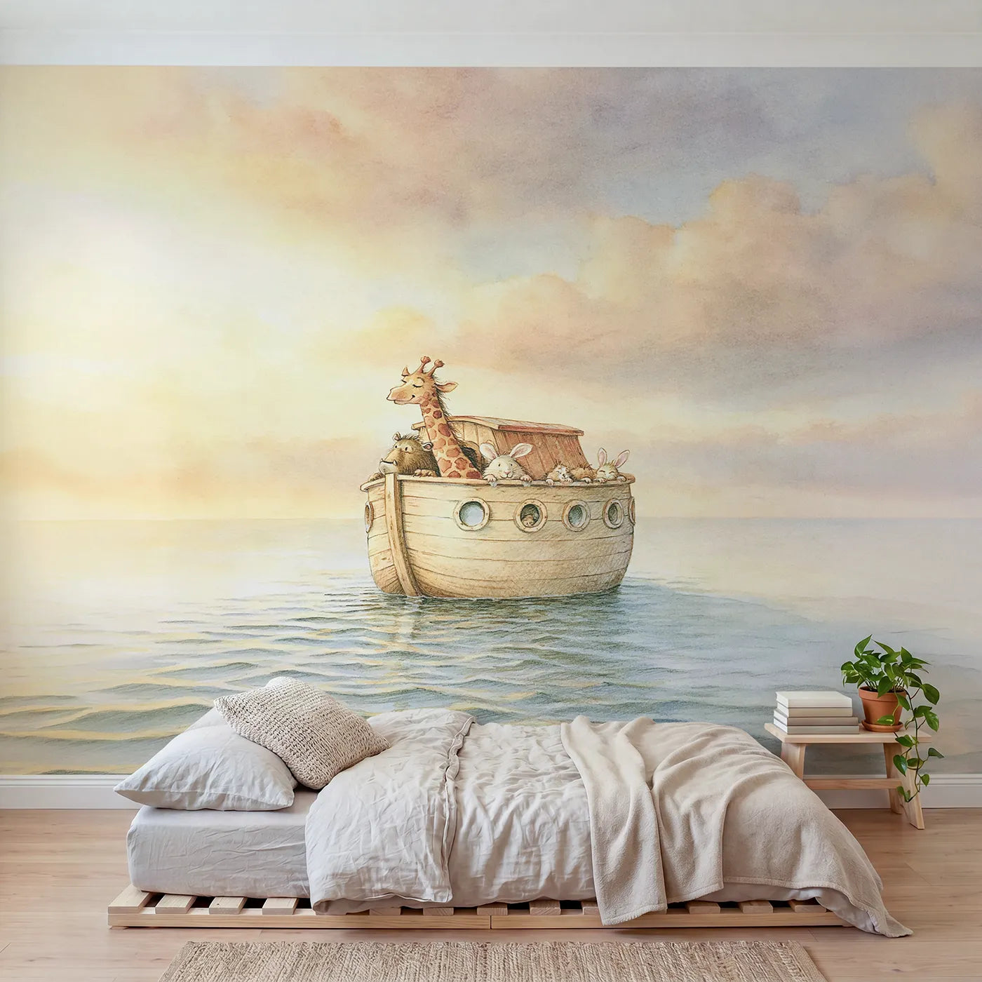 Storybook wall mural of the ark sailing calm waters on cool cream by Whimsy Tots