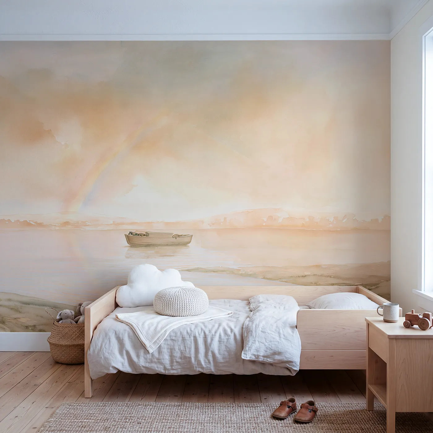 Watercolor wall mural of the ark under a rainbow at dawn by Whimsy Tots