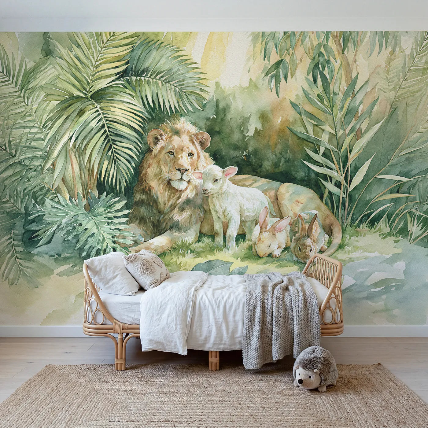 Watercolor wall mural of a lion and lamb resting in a garden by Whimsy Tots