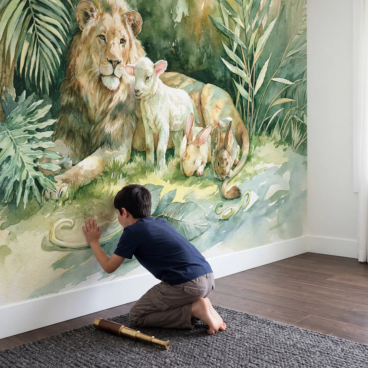 Child in nursery with Garden Eden Animals Wallpaper Mural by Whimsy Tots