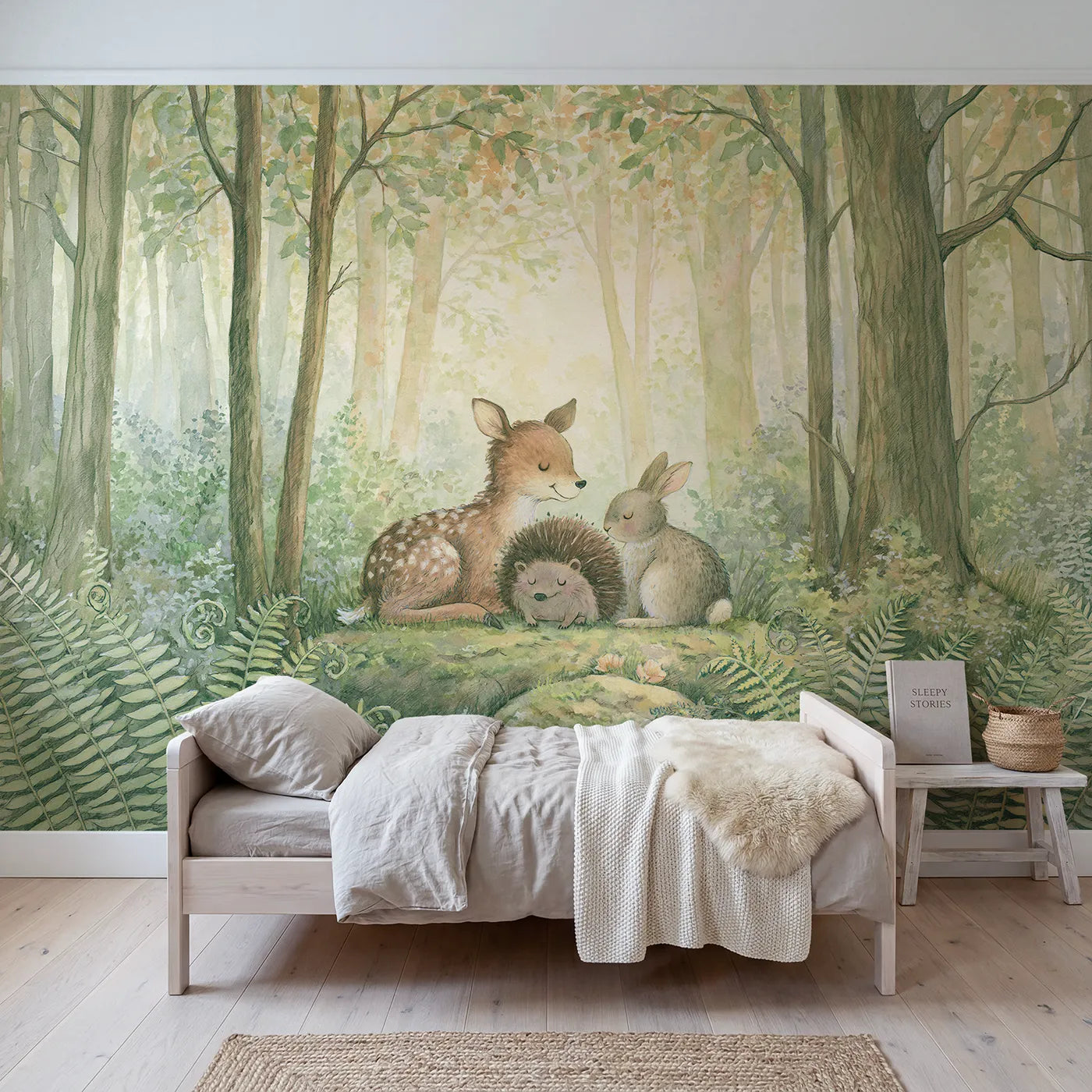 Storybook wall mural of creatures sharing a garden on pale sage by Whimsy Tots
