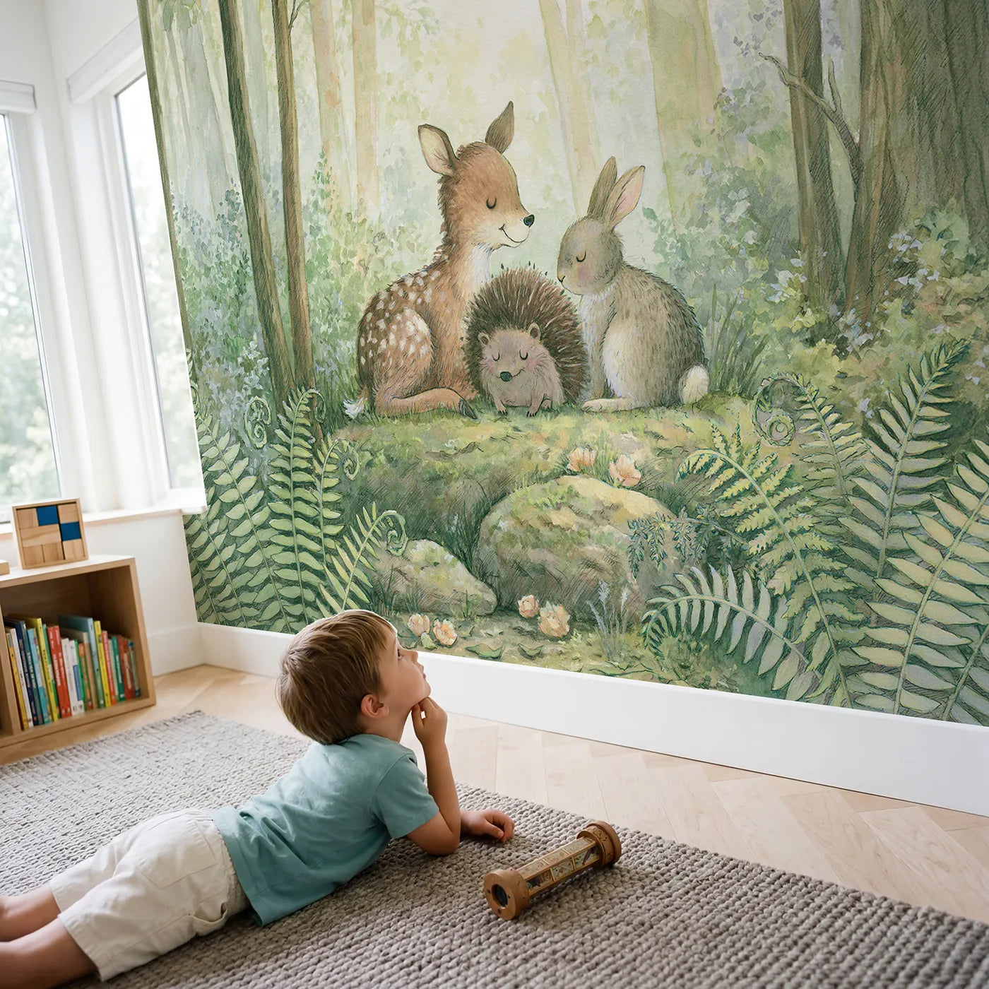 Child in nursery with Peaceful Garden Friends Wallpaper Mural by Whimsy Tots