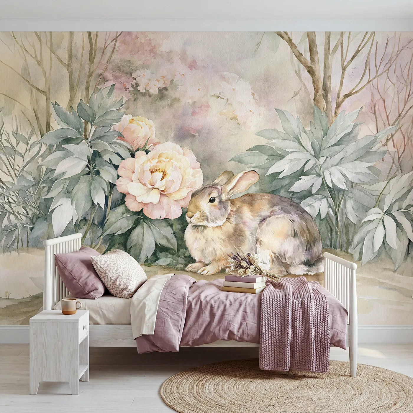 Watercolor wall mural of a creation garden in bloom on soft blush by Whimsy Tots