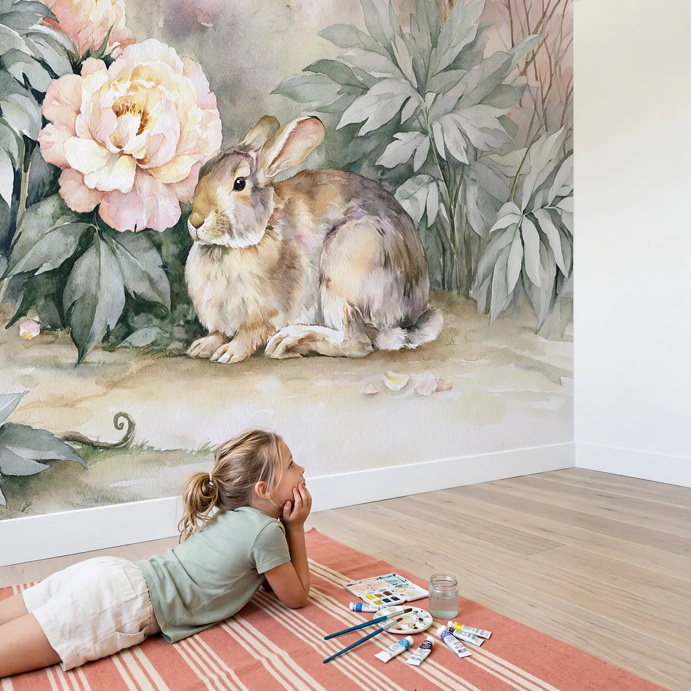 Child in nursery with Creation Garden Bloom Wallpaper Mural by Whimsy Tots