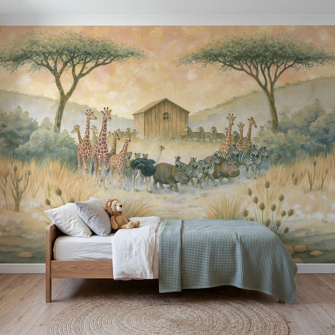 Storybook wall mural of an animal parade to the ark on warm cream by Whimsy Tots