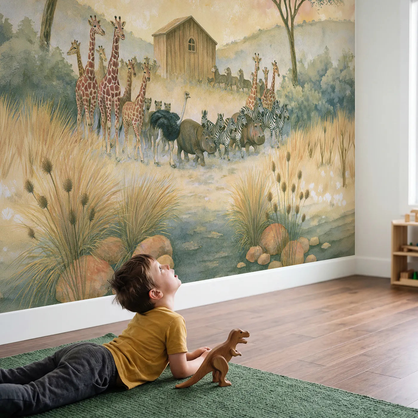 Child in nursery with Ark Animal Parade Wallpaper Mural by Whimsy Tots
