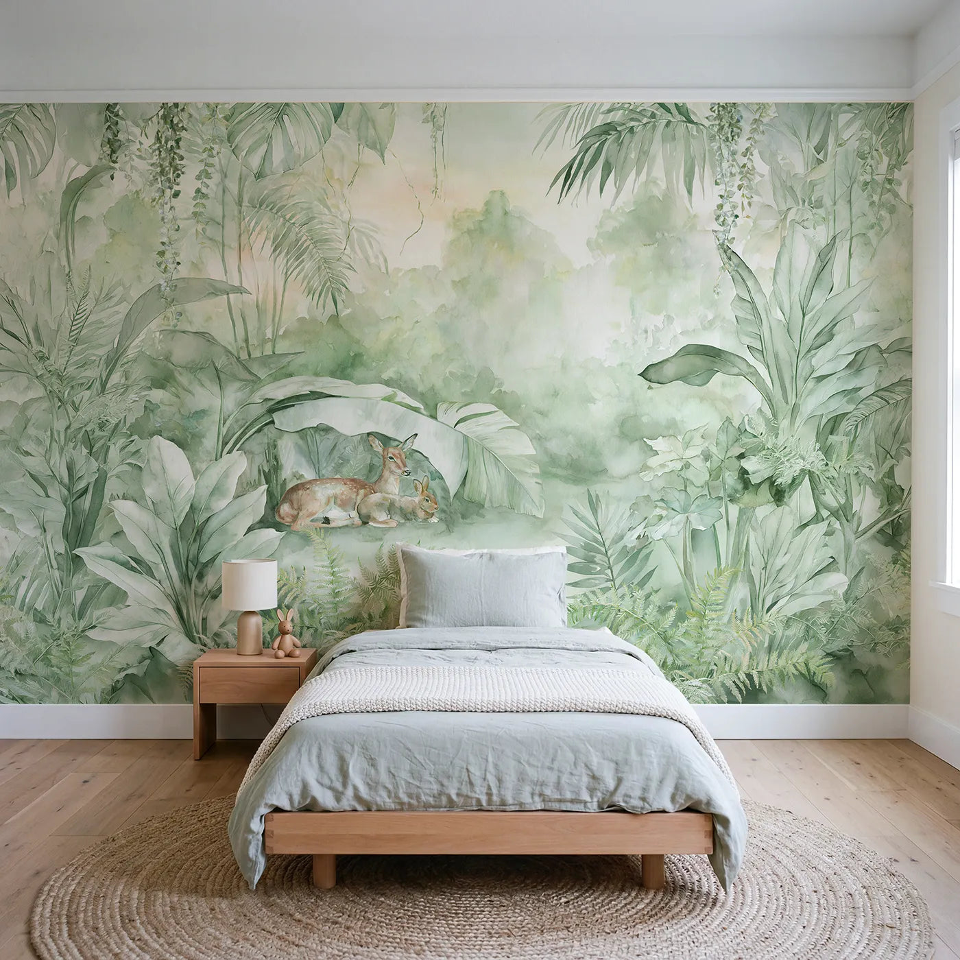 Watercolor wall mural of a misty garden morning on pale sage by Whimsy Tots