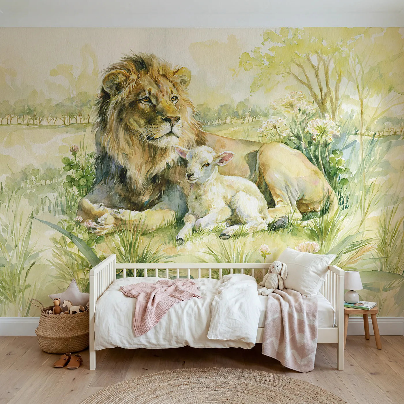 Watercolor wall mural of a lion resting beside a lamb on pale sage by Whimsy Tots