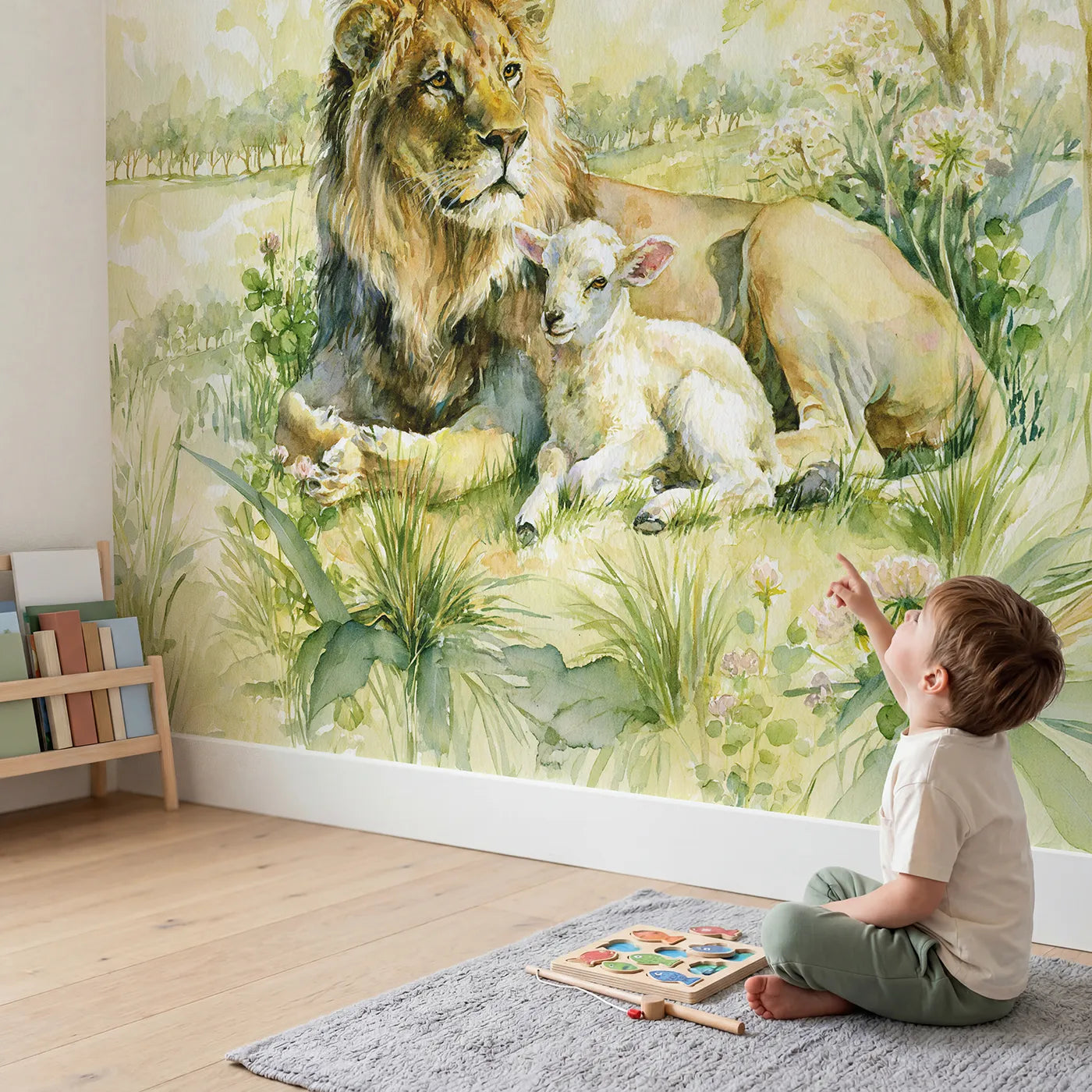 Child in nursery with Gentle Garden Lion Wallpaper Mural by Whimsy Tots