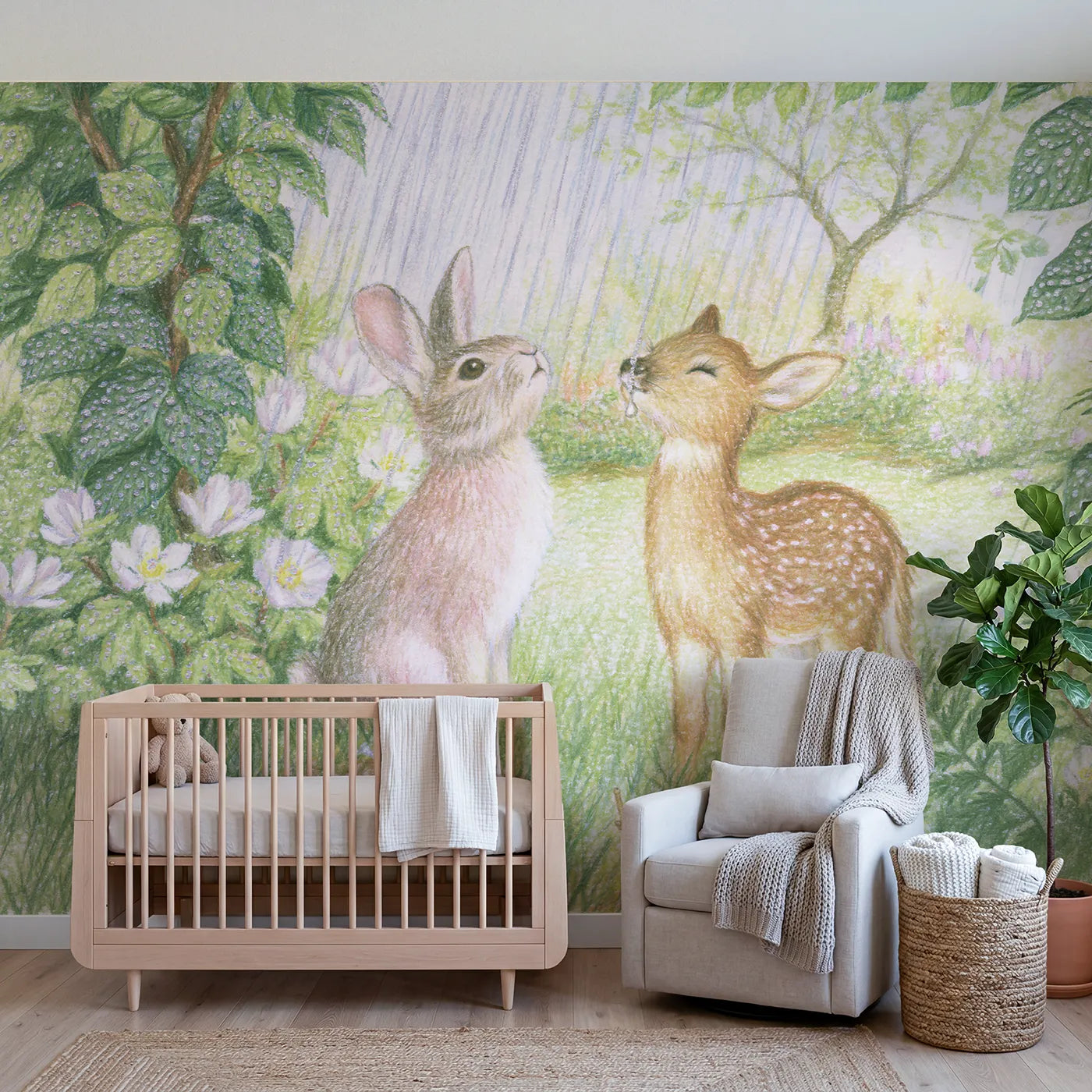 Colored Pencil first rain falling on a new garden, mural for a toddler room by Whimsy Tots