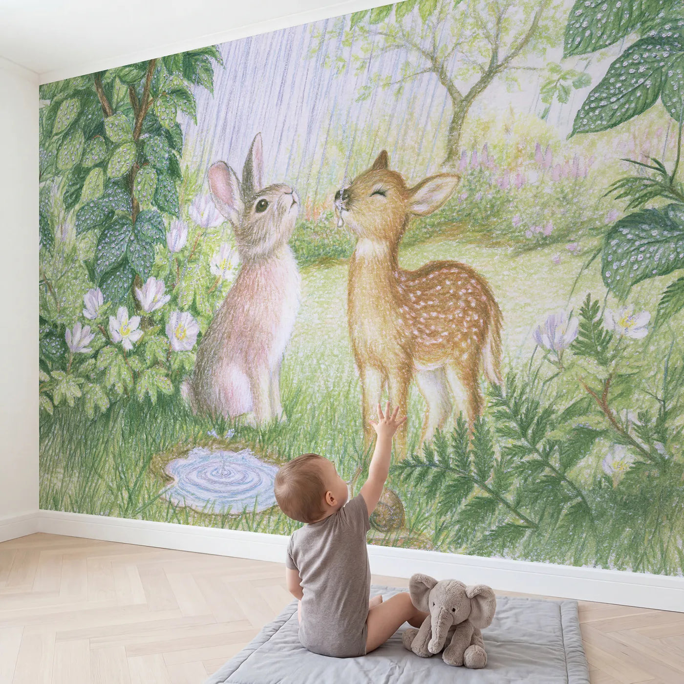 Child in nursery with The First Rain Wallpaper Mural by Whimsy Tots