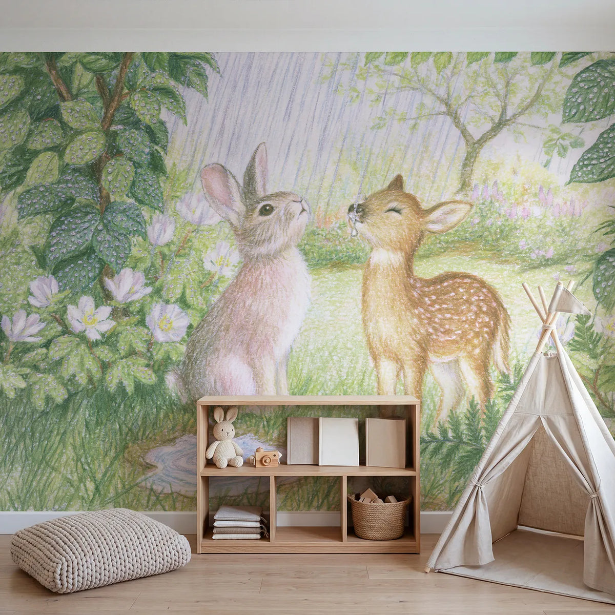 The First Rain Wallpaper Mural in playroom setting by Whimsy Tots