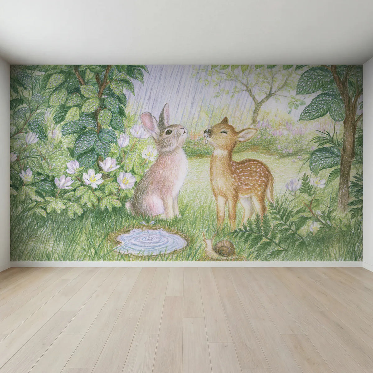 Full view of The First Rain Wallpaper Mural by Whimsy Tots
