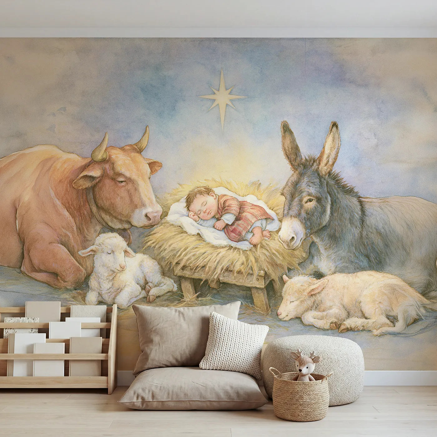 Storybook wall mural of a gentle nativity scene on warm cream by Whimsy Tots
