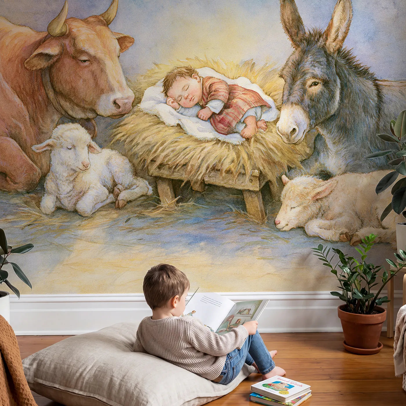 Child in nursery with Gentle Nativity Scene Wallpaper Mural by Whimsy Tots