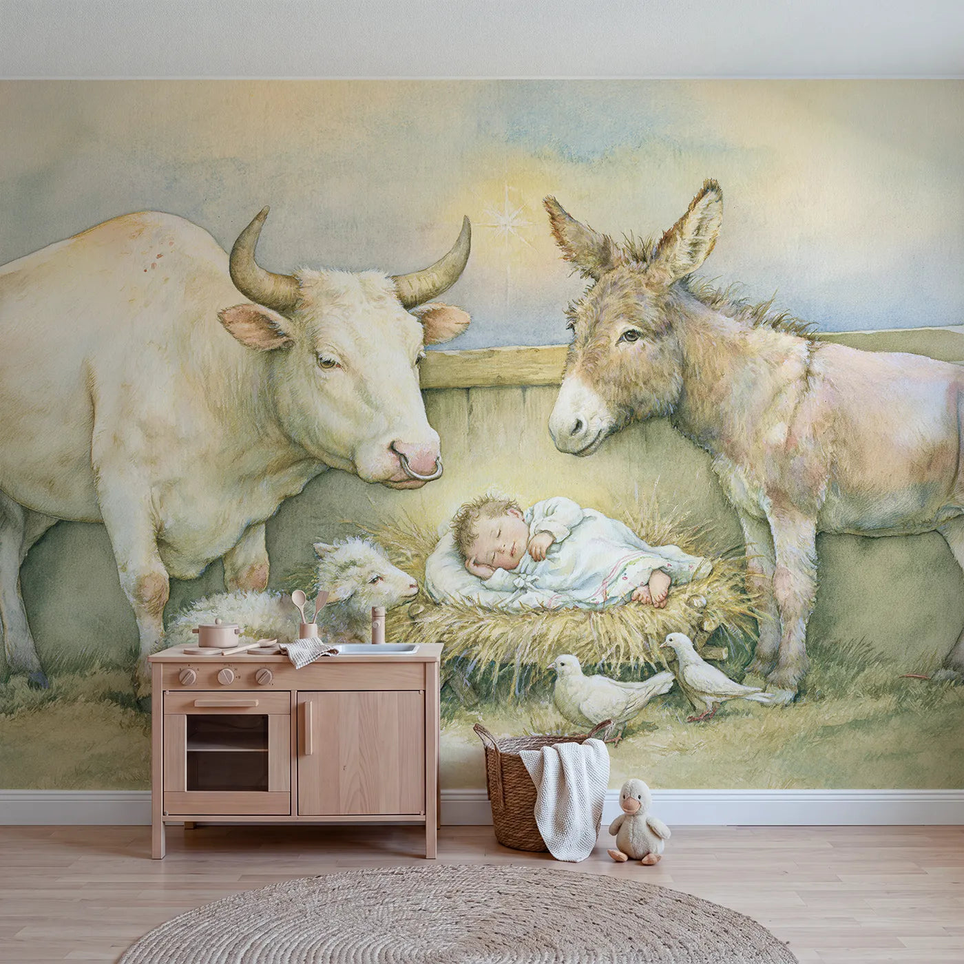 Storybook wall mural of stable animals at the manger on warm cream by Whimsy Tots