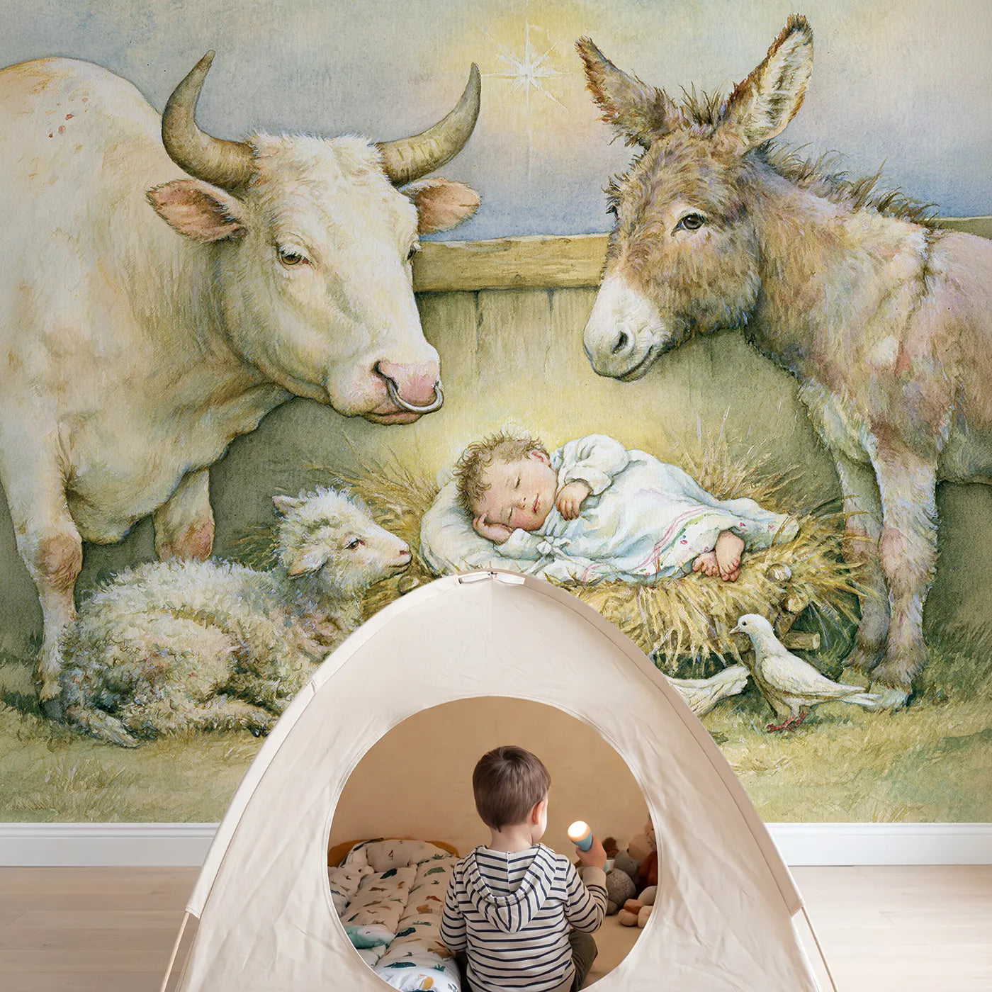 Child in nursery with Manger Animal Friends Wallpaper Mural by Whimsy Tots