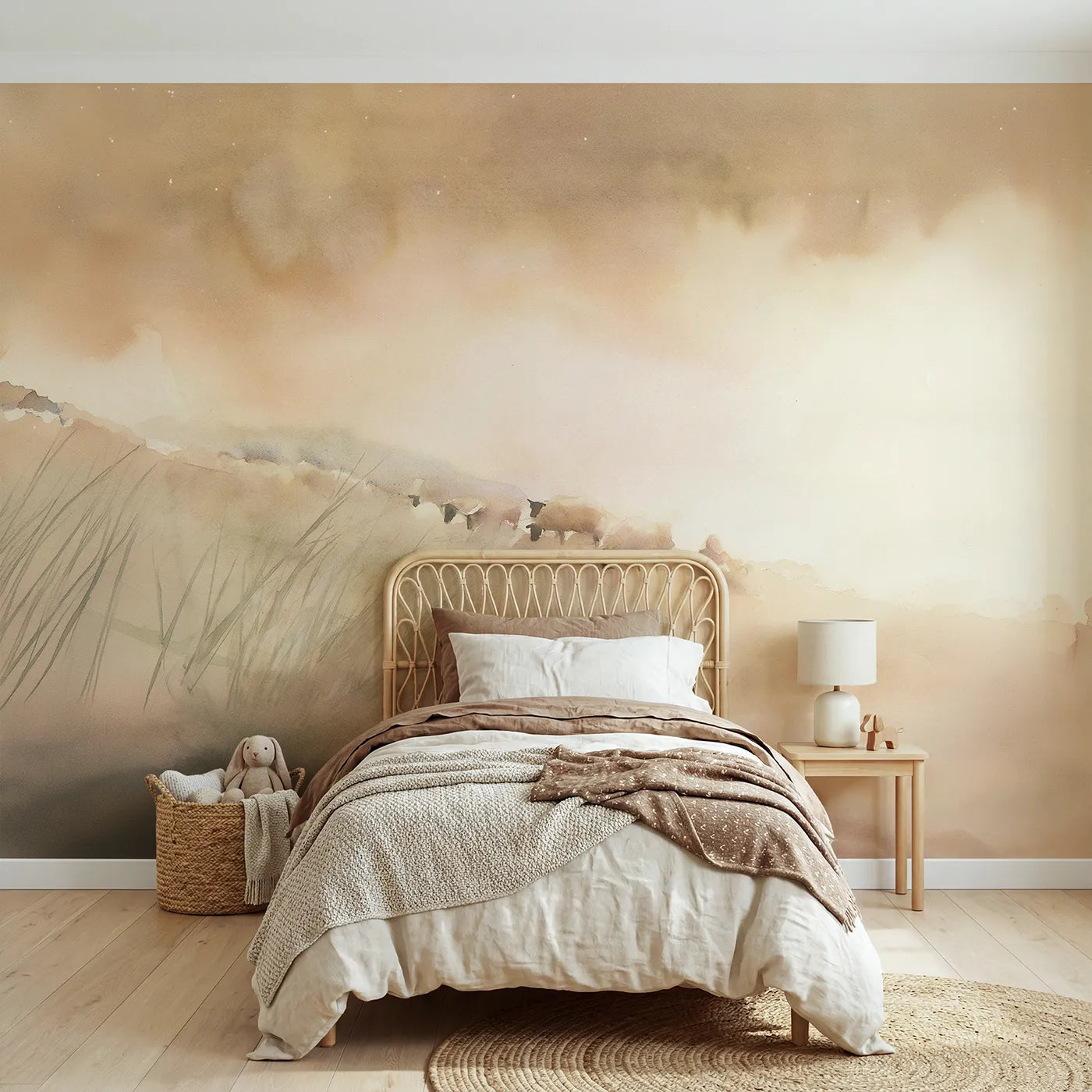 Watercolor wall mural of a starlit shepherd hillside on warm cream by Whimsy Tots