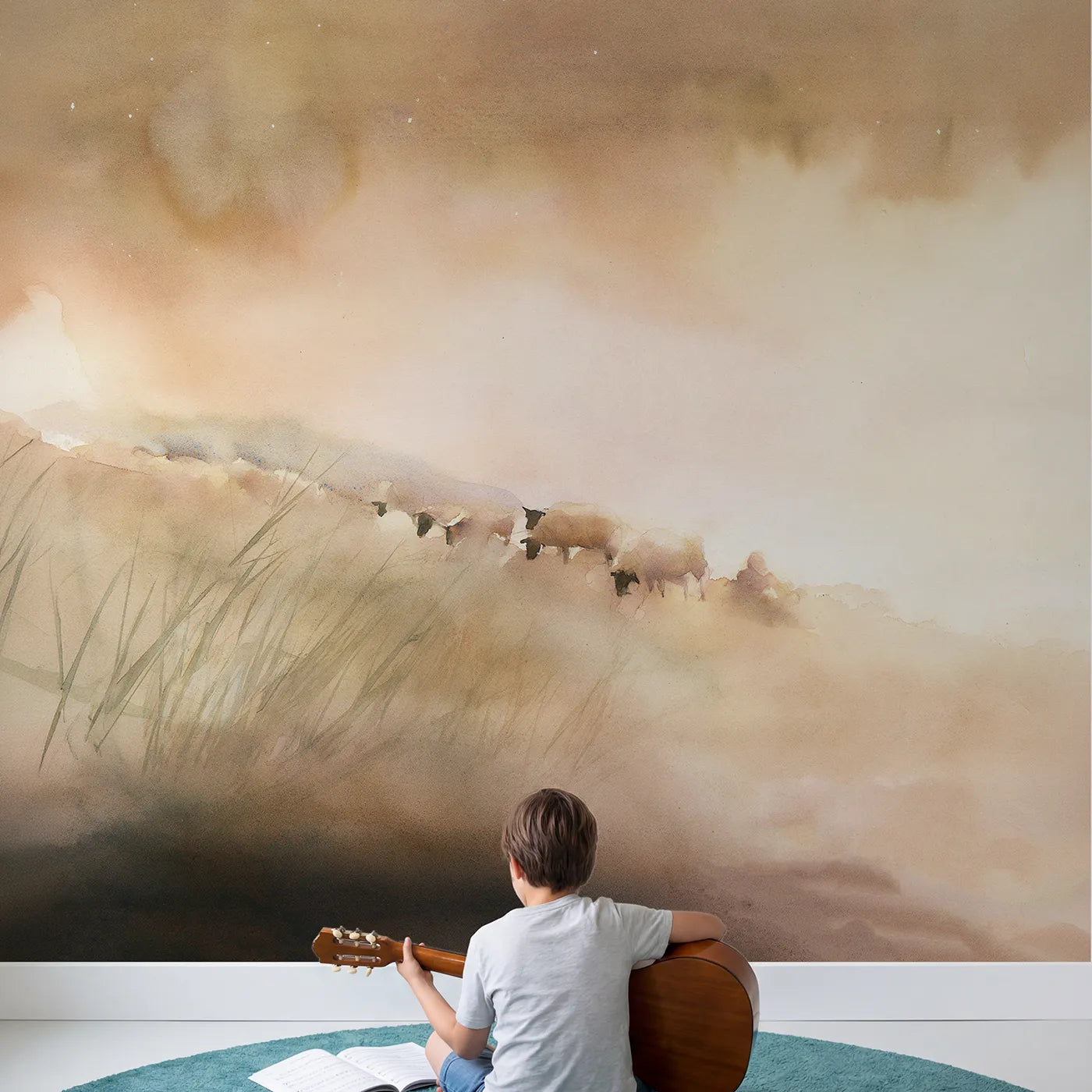 Child in nursery with Starlit Shepherd Hillside Wallpaper Mural by Whimsy Tots