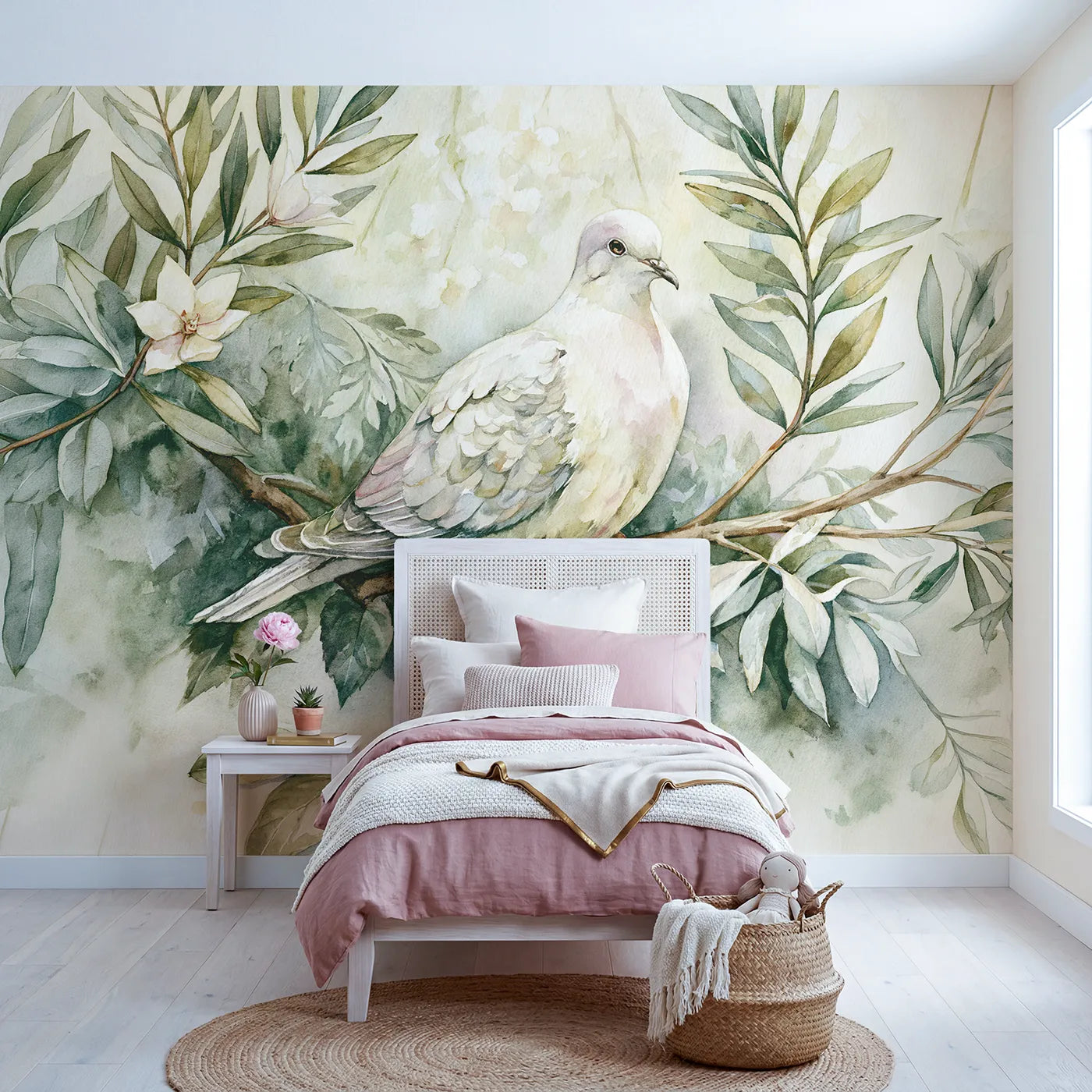Watercolor wall mural of a dove on an olive branch on warm cream by Whimsy Tots