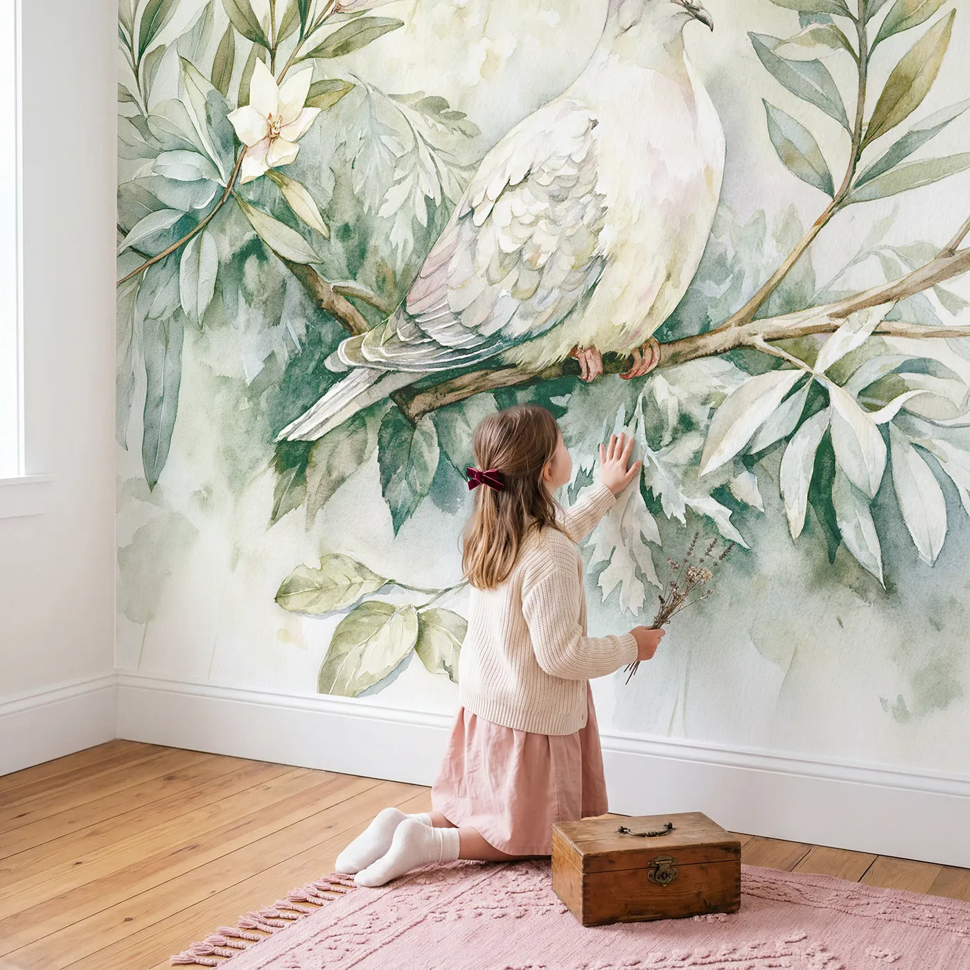 Child in nursery with Peaceful Dove Branch Wallpaper Mural by Whimsy Tots