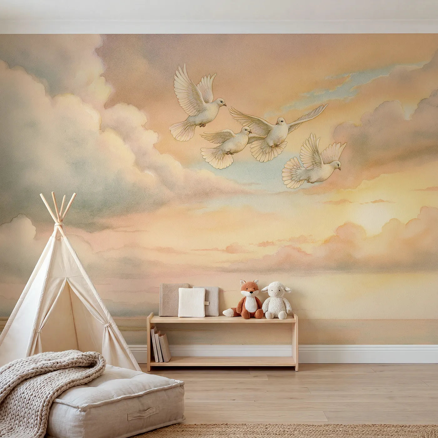 Storybook wall mural of doves drifting a calm sky on warm cream by Whimsy Tots