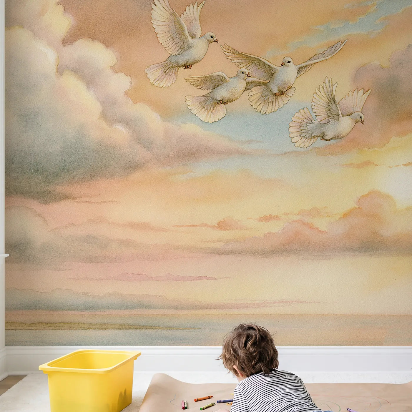 Child in nursery with Doves Of Peace Wallpaper Mural by Whimsy Tots