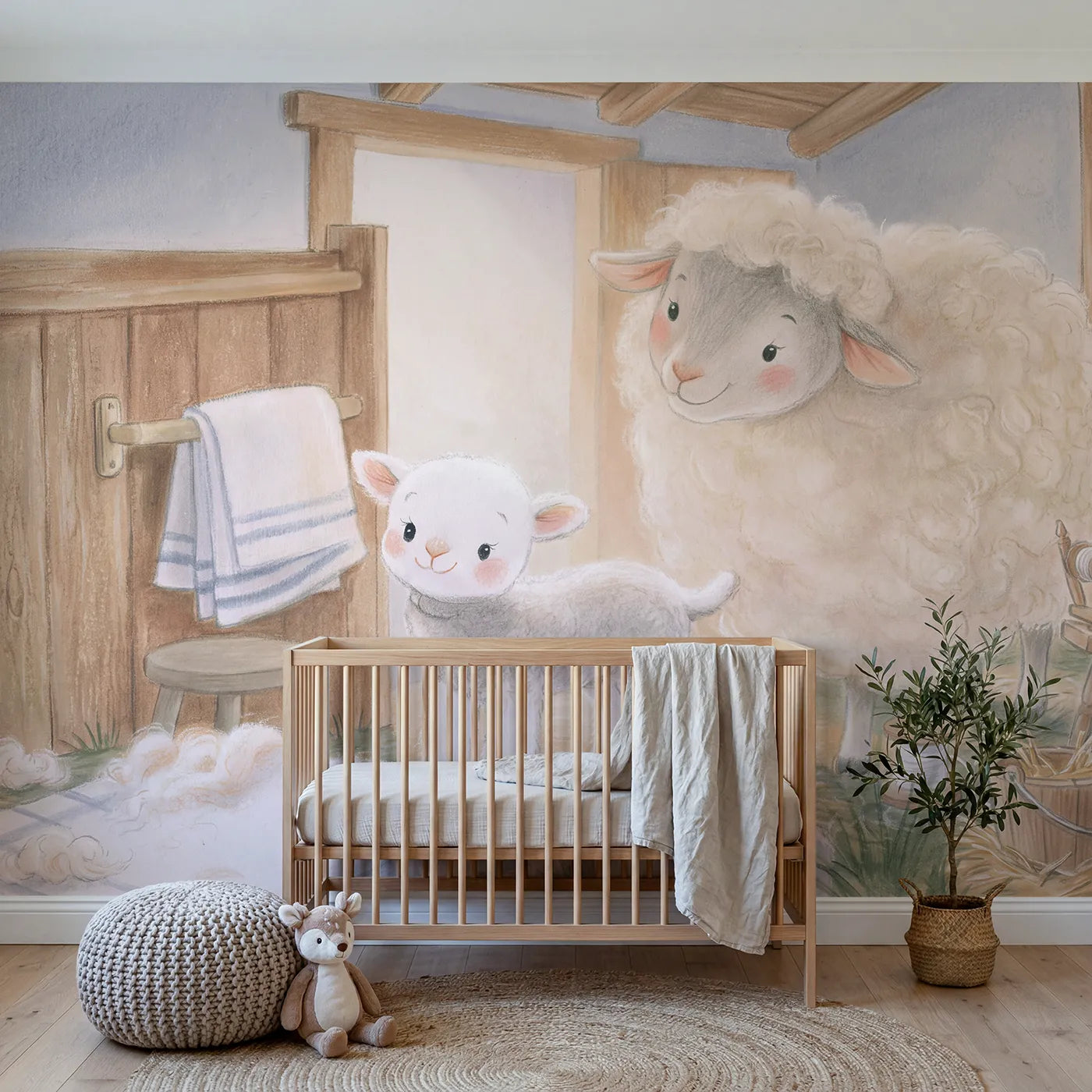 Colored Pencil lamb offering soft wool for the blanket, mural for a bedroom by Whimsy Tots