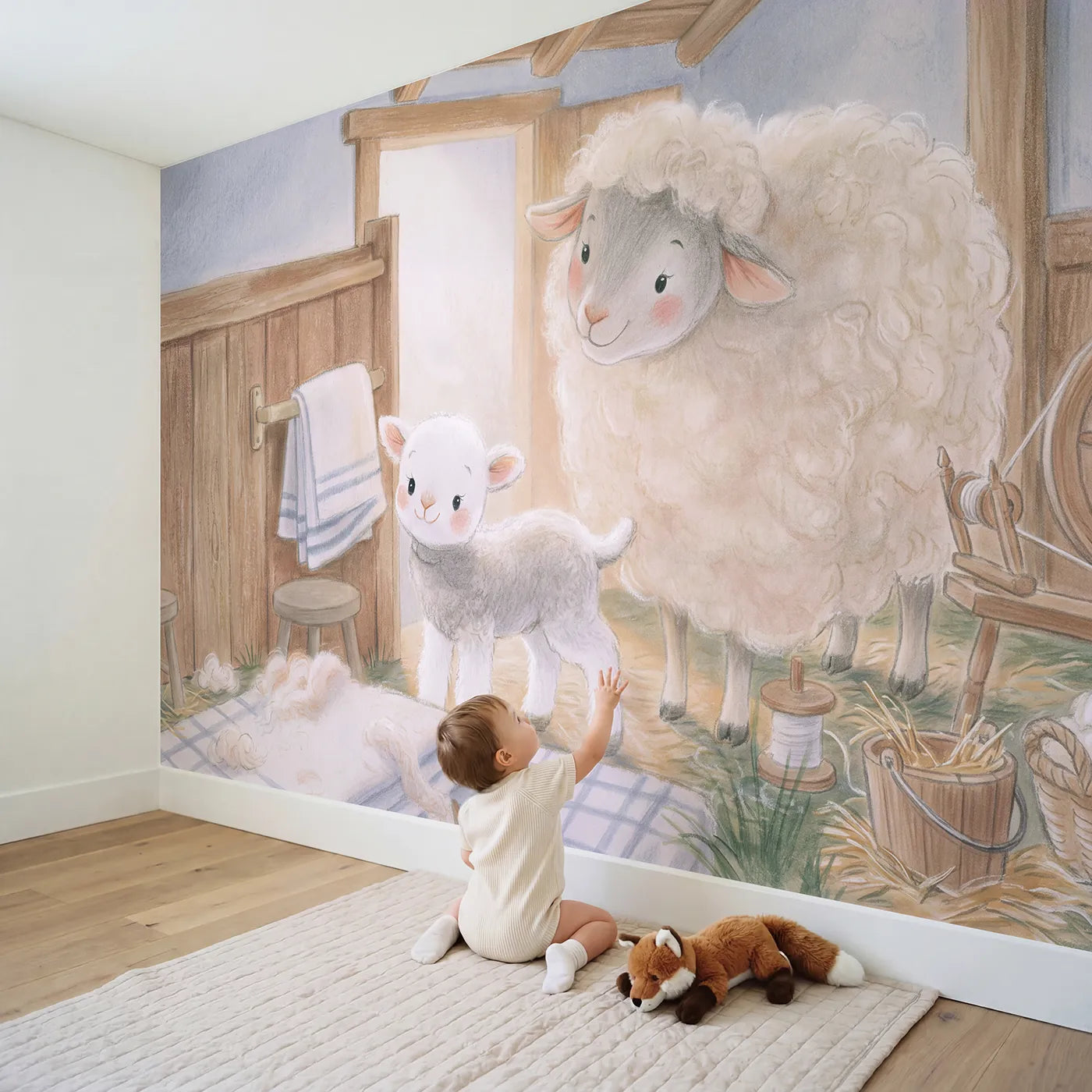 Child in nursery with The Gift of Wool Wallpaper Mural by Whimsy Tots
