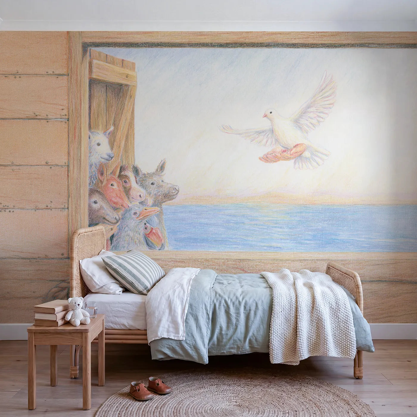 Colored Pencil dove sent out from the ark window, mural for a big-kid bedroom by Whimsy Tots